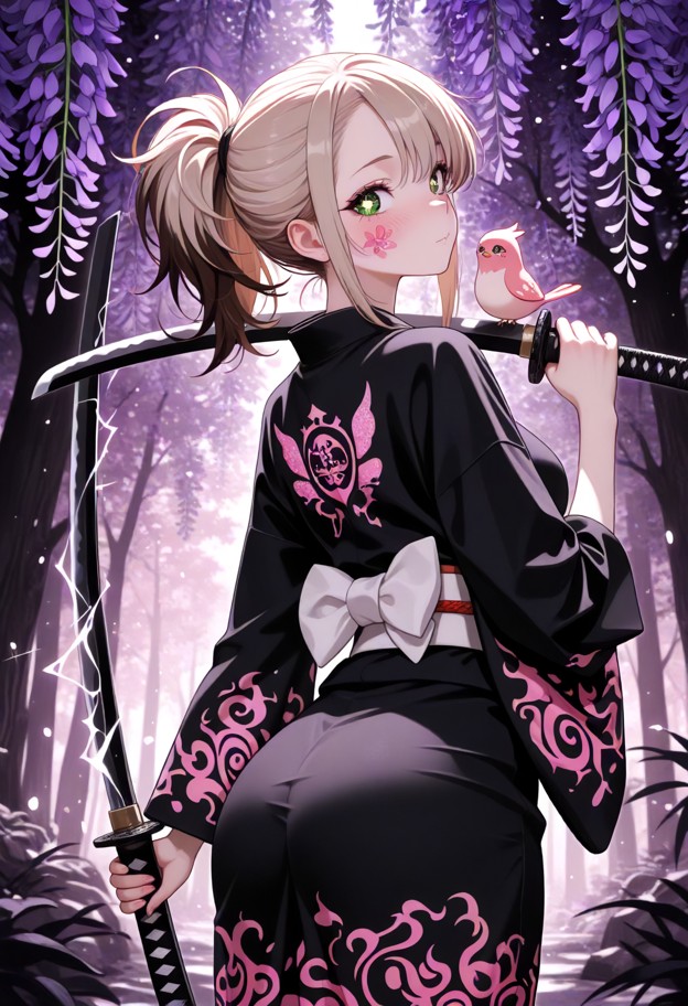 dark wisteria forest background,wide black aura eyelashes,holding katana with black aura blade and black handle,white…
