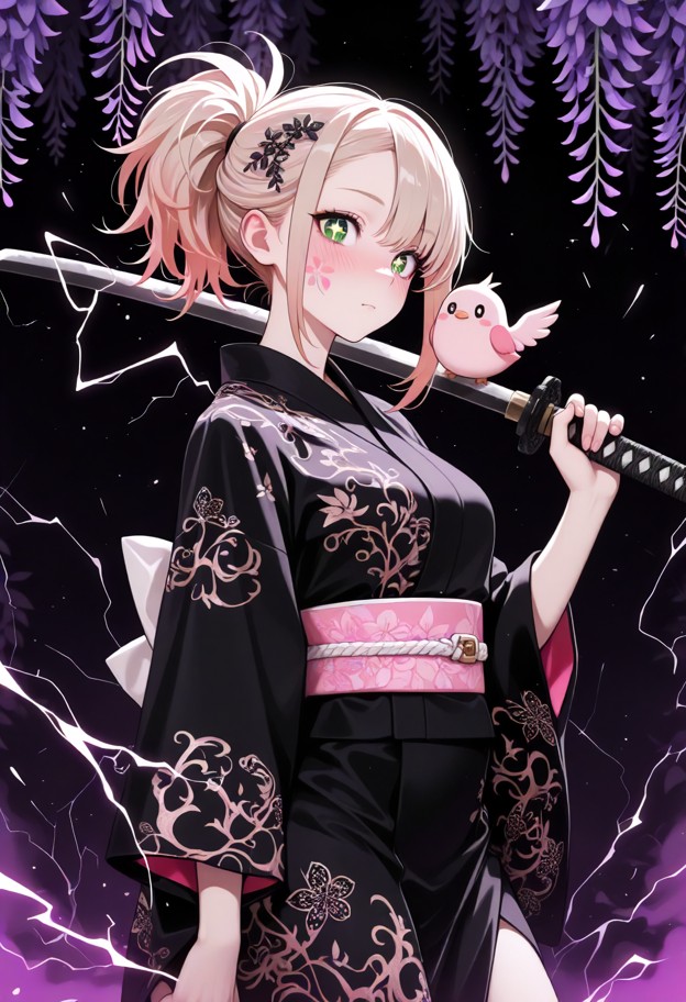 dark wisteria forest background,wide black aura eyelashes,holding katana with black aura blade and black handle,white…