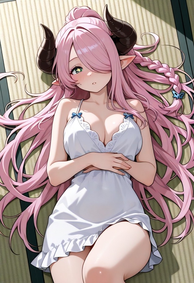narmaya lying on back, she is, solo, white dress, short dress, sleeveless, bare shoulders, pink hair, very long hair,…