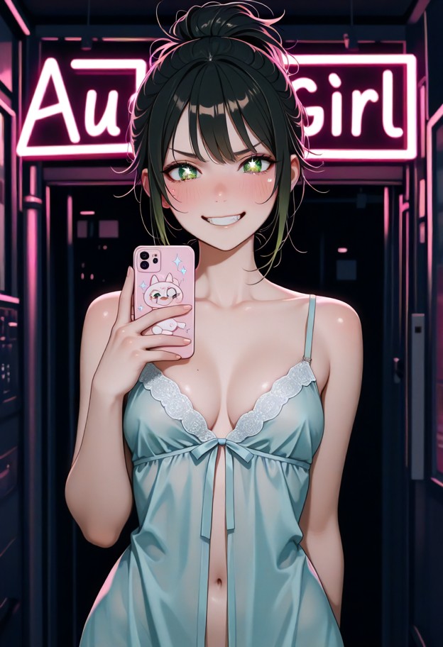 a she is is smiling at viewer,solo,nightgown,black hair,green eyes,neon lights,night,upper body,facing viewer,cinemat…