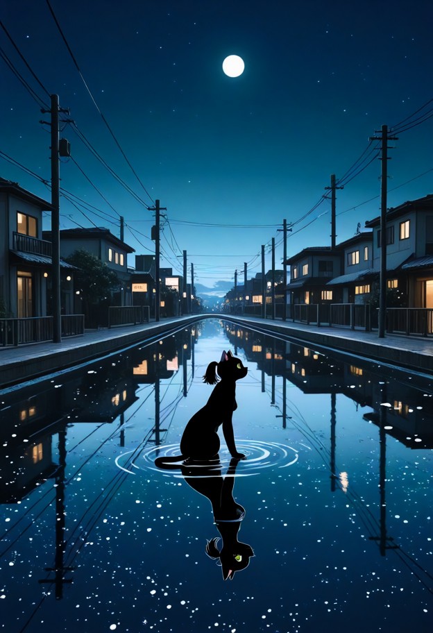 a black cat sits by the water, solo, black cat, outdoors, night, sky, building, reflection, power lines, scenery, wid…