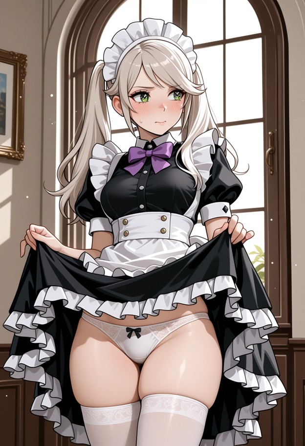 robin is lifting her skirt,maid outfit,black dress,white apron,white thighhighs,white panties,bow panties,indoors,win…