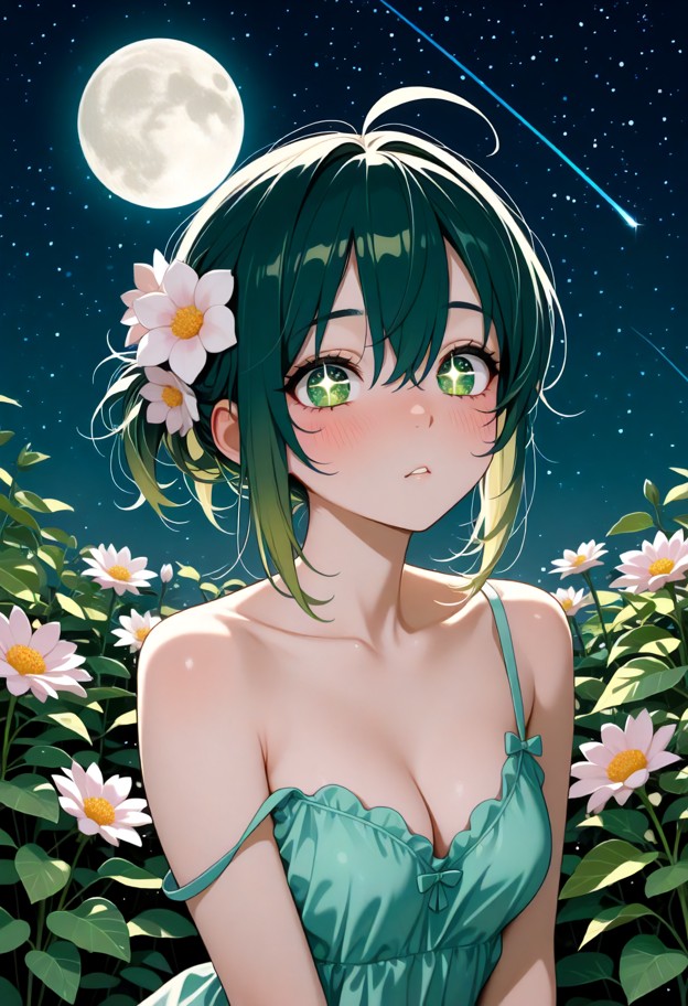 she is,solo,looking at viewer,wearing green dress,strap slip,bare shoulders,cleavage,outdoors,night sky,full moon,sta…