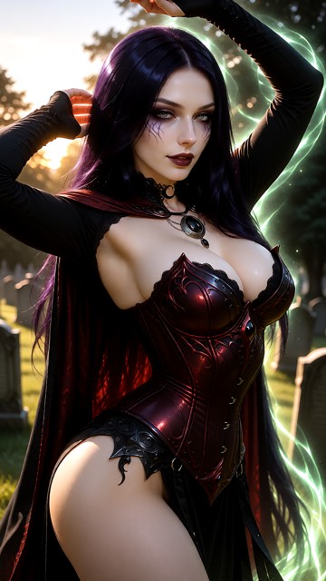 Woman dances with both arms raised while swaying her hips from side to side., Woman wears a fantasy witch blood red c…