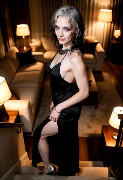 Location: cozy living room bathed in the warm, dim glow of scattered lamps, casting soft amber light across the plush…