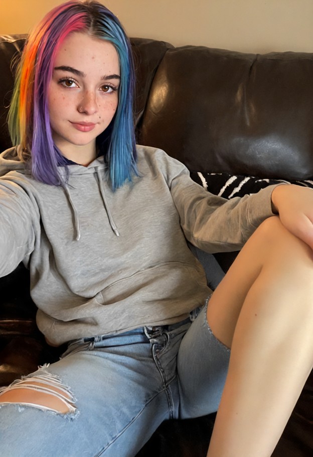 she is sits on the couch,wearing baggy grey cotton hoodie and blue denim ripped jeans,living room,medium shot,dim lig…