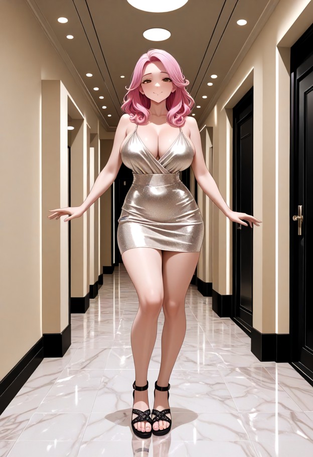 alexa performs a playful pirouette with arms outstretched,light floral silk mini dress,strappy leather sandals,pink h…
