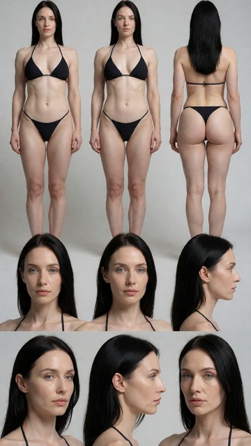 Skin must be clean and flawless: no tattoos, no scars, no marks, no blemishes. Wearing a minimal bikini black, perfec…