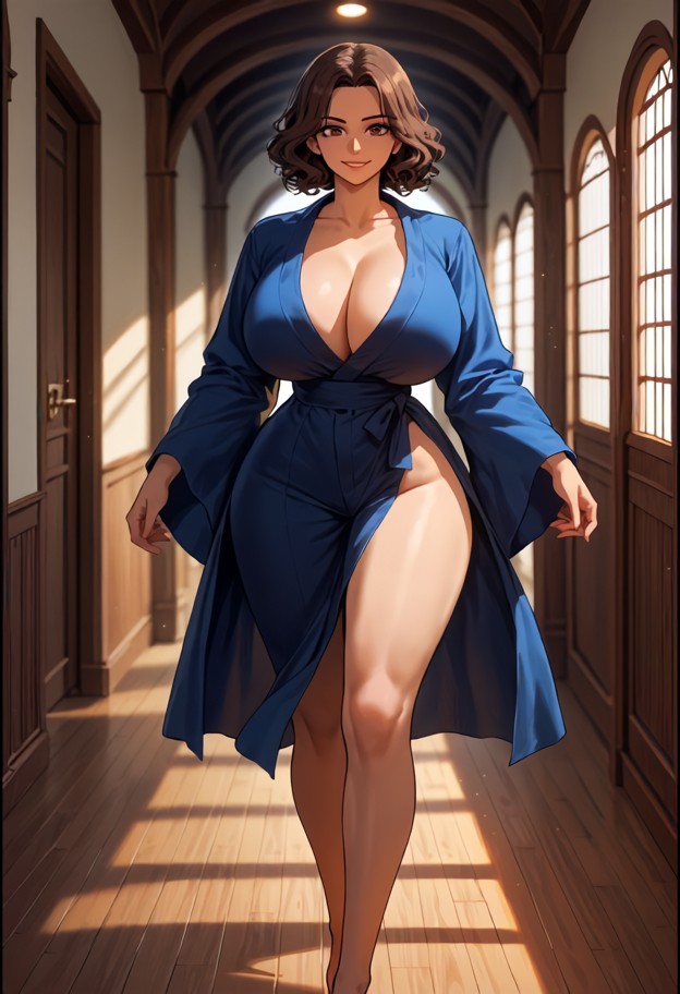 she is is walking towards the viewer while leaning against a doorframe,wearing navy blue silk robe,dimly lit hallway,…