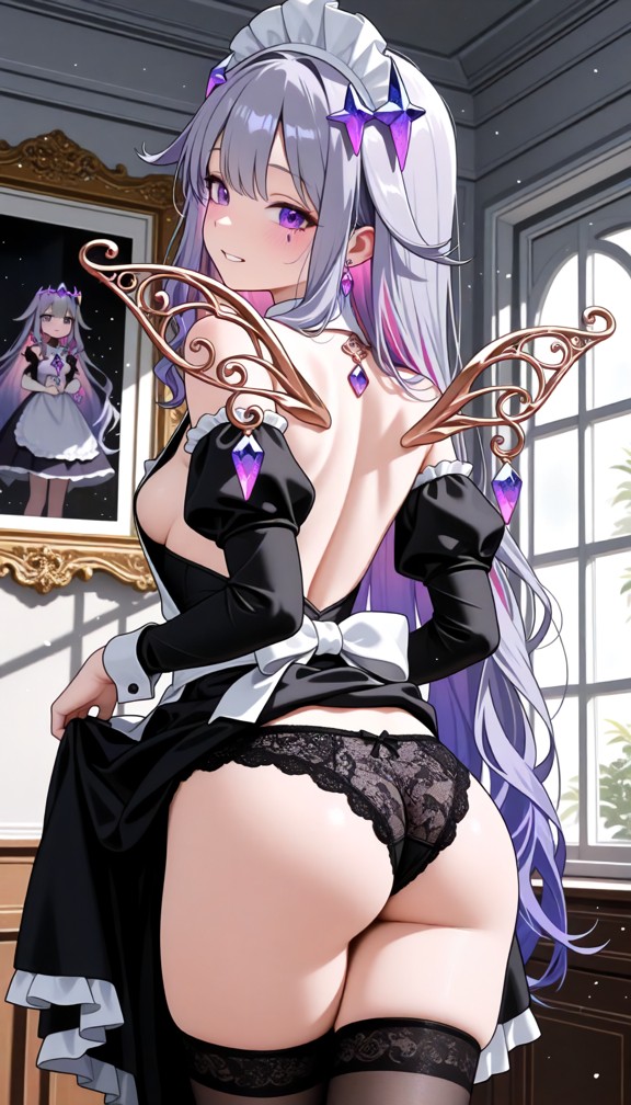 1girl,underwear,panties,ass,breasts,maid,thighhighs,black_panties,solo,maid_headdress,enmaided,indoors,clothes_lift,p…