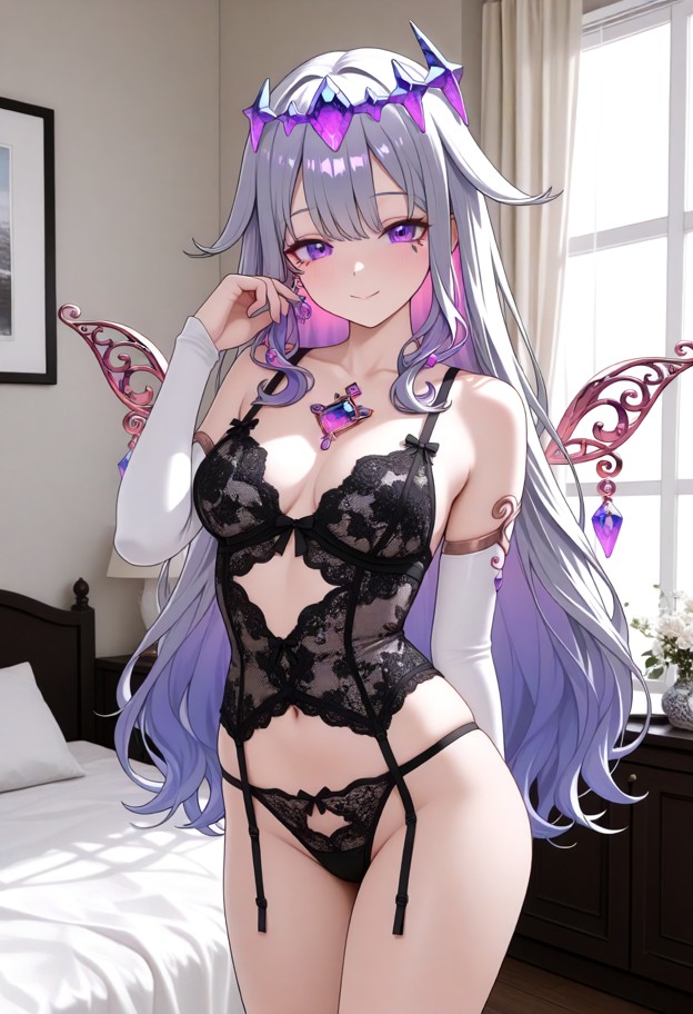 a she is is modeling new lingerie,solo,lace lingerie,bedroom,medium shot,soft lighting