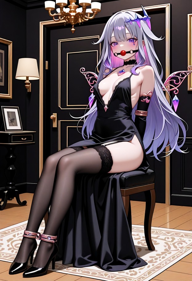 1girl,,breasts,dress,solo,virtual_youtuber,high_heels,thighhighs,black_dress,tail,black_footwear,indoors,full_body,ch…