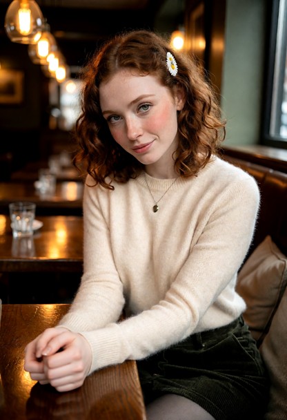Location: a cozy, softly lit cafe in the evening with warm amber pendant lights reflecting off polished wooden tables…