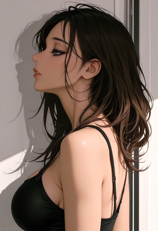 a black and white close-up profile portrait of a woman with her eyes closed and head tilted back. her hair is dark an…