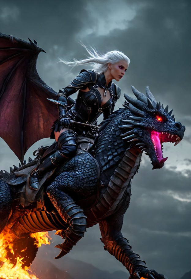 a cinematic film still of a dark female dragon rider flying on a massive dragon,captured mid-air,clearly airborne,no …