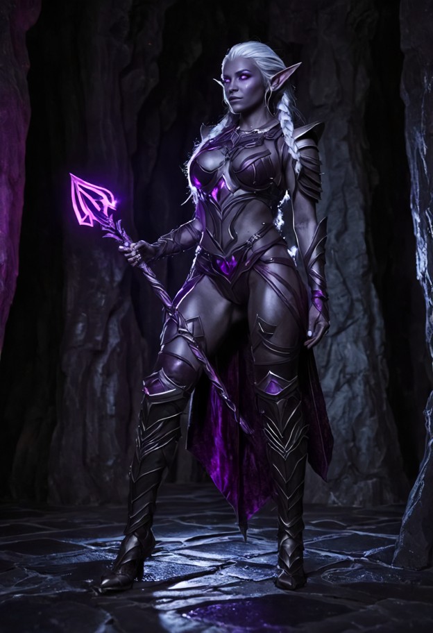 (full
 body shot:1.6),(female dark elf:1.5),slate-grey skin,(long silver 
hair in a severe intricate braid:1.4),glowi…