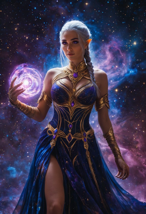 a celestial goddess standing in the heart of a vibrant cosmic nebula,her hands gracefully sculpting a glowing,molten …