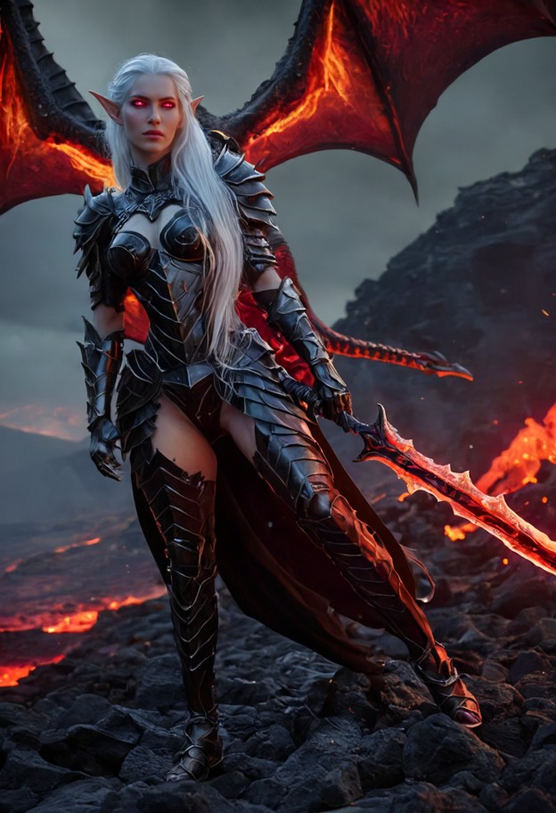 a dark,seductive female dragon rider standing on a volcanic rock,clearly separate from her dragon

the dragon is a ma…
