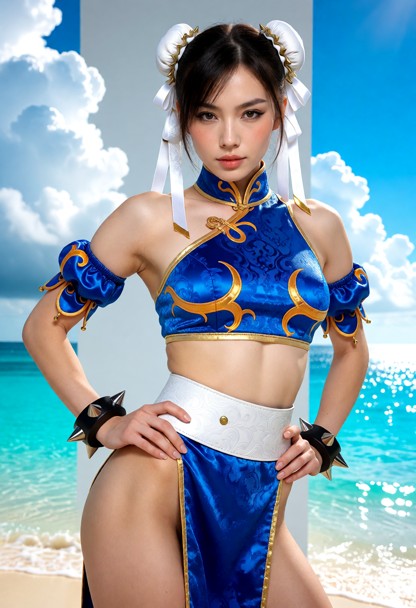The woman is wearing a glossy royal blue two-piece outfit with gold trim, a matching choker, puffy armbands, a black …