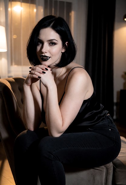 Location: dim apartment living room in the evening, with soft ambient light from a streetlamp filtering through the w…