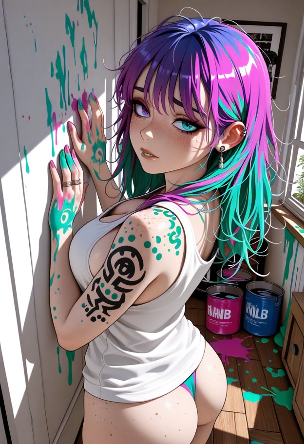 she is is leaning against the doorframe crying and gripping shoulders,naked bottom,white tank top,art studio,messy wo…