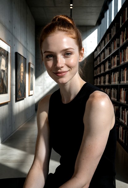 High-end editorial photography of Hannah. She is friendly smiling directly into the camera. She is sitting in a minim…