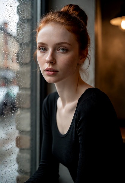 Cinematic, moody portrait of Hannah. Her intelligent eyes are gazing thoughtfully. She is sitting inside a quiet, min…