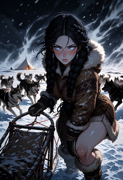 A woman stands resolutely beside a weathered dog sled in the frigid expanse of the Arctic tundra, her rugged features…