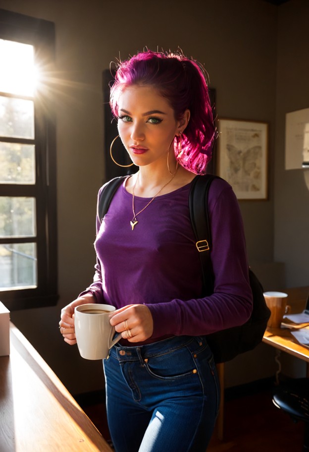 riley is stepping through the office doorway with a smile,blue cotton long-sleeve shirt,dark denim jeans,black ribbon…