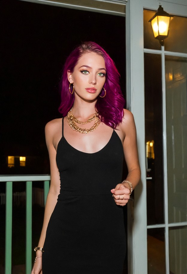 riley stands in the doorway at night,solo,black dress,pearl earrings,silver charm bracelet,suburban house porch,night…