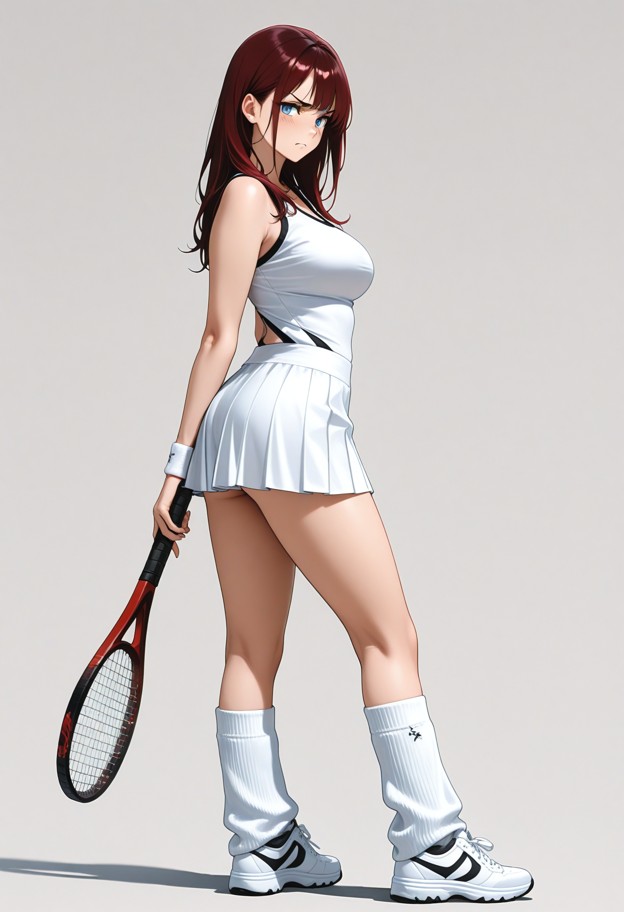 tennis_outfit,tennis_skirt,tennis_top,sportswear,wristbands,tennis_racket,white_sneakers,she is holding her racket,da…