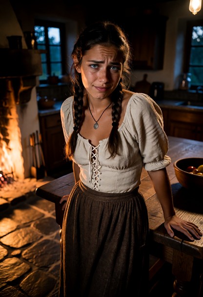 Location: a rustic, dimly lit kitchen during the twilight hour, where the faint blue light of dusk filters through a …