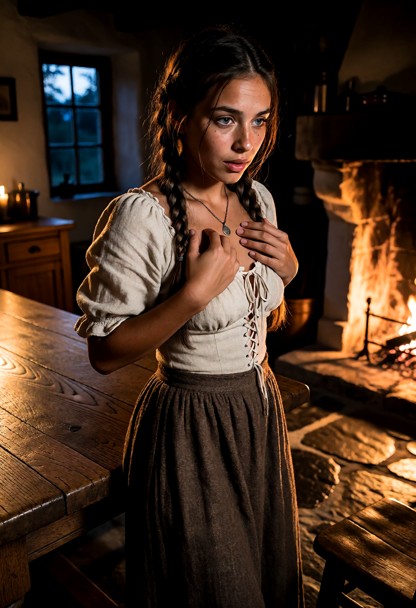 Location: a rustic, dimly lit kitchen during the twilight hour, where the faint blue light of dusk filters through a …