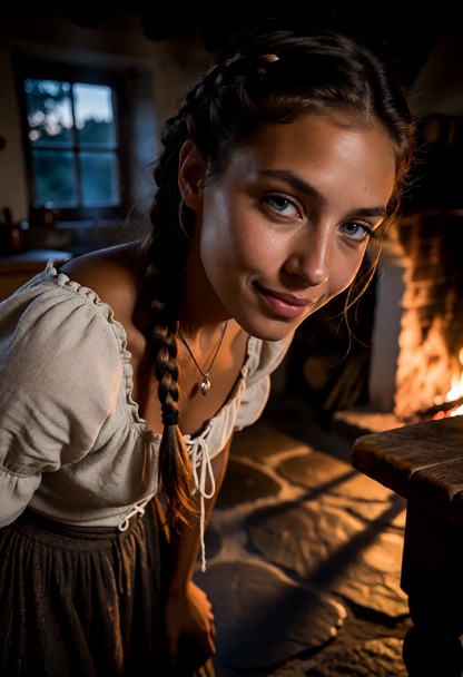 Location: a rustic, dimly lit kitchen during the twilight hour, where the faint blue light of dusk filters through a …