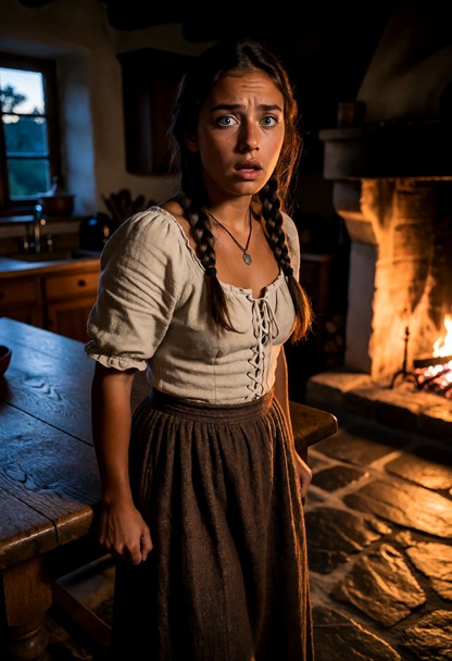 Location: a rustic, dimly lit kitchen during the twilight hour, where the faint blue light of dusk filters through a …