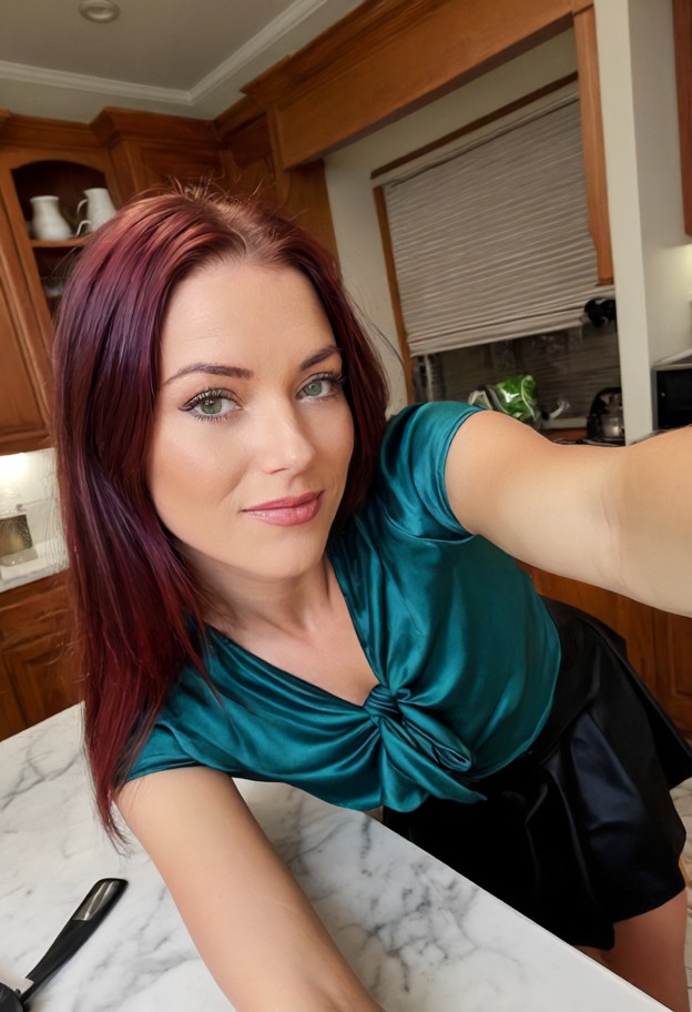 she is wiping the counter with a cloth,blue silk blouse,black skirt,quiet kitchen,white marble countertops,wooden cab…