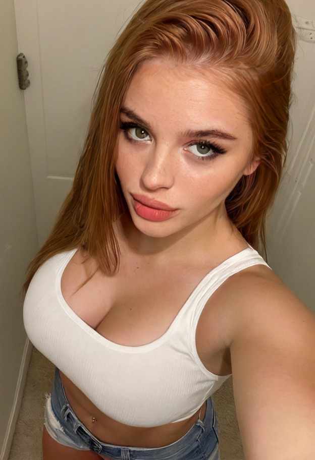 she is is pacing in a hallway,white cotton crop top,denim shorts,narrow dim hallway,beige carpet,white walls,medium s…