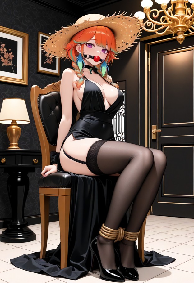 1girl,,breasts,dress,solo,virtual_youtuber,high_heels,thighhighs,black_dress,tail,black_footwear,indoors,full_body,ch…