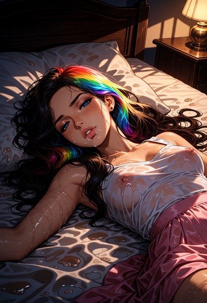 Location: late night in a dim bedroom with rumpled white linens, dark wooden furniture, and warm amber light from a b…