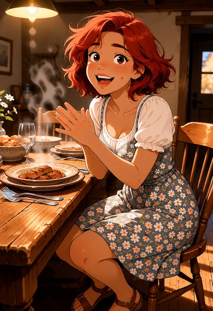Location: warm evening inside a cozy farmhouse dining room with a sturdy wooden table set with ceramic plates and pol…
