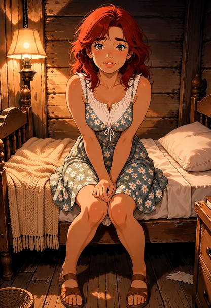 Location: the interior of a small, rustic wooden shack, dimly lit by the warm, amber glow of a single shaded lamp tha…