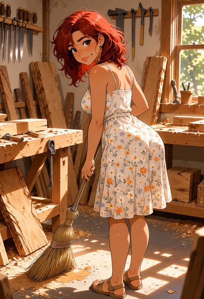 Location: bright afternoon in a sunlit wood shop filled with sawdust-covered workbenches, hanging hand tools, and pla…