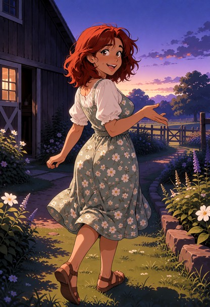 Location: soft twilight outside a farmhouse under a deepening violet sky, where the last remnants of golden sun dip b…