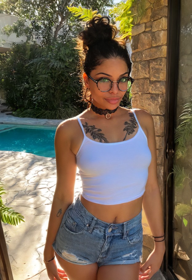 yuki is gripping the shirt,white tank top,denim shorts,messy bun,sunlit doorway,stone patio,pool reflections,medium s…