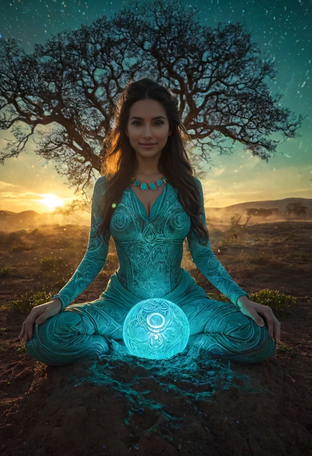full
 body shot,wide angle,centered composition. a woman is levitating in a
 crosslegged lotus position,floating weig…