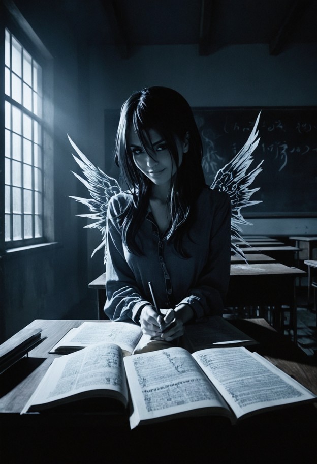 a hauntingly beautiful female shinigami sitting on a wooden school desk in an abandoned,dark classroom. she has pale …