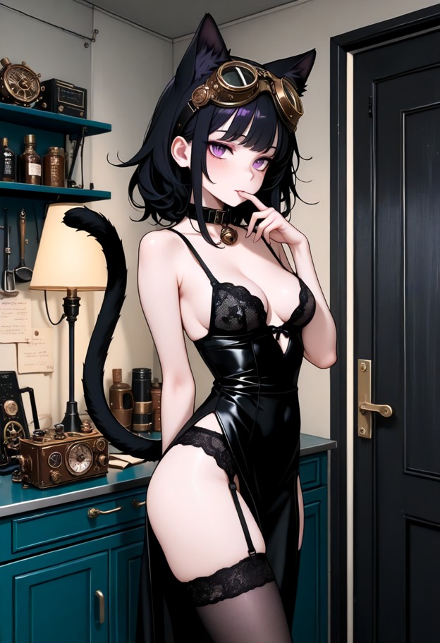 1girl standing,biting finger,black harness,unbuttoned black cocktail dress,black lace bra,black stockings,garter belt…