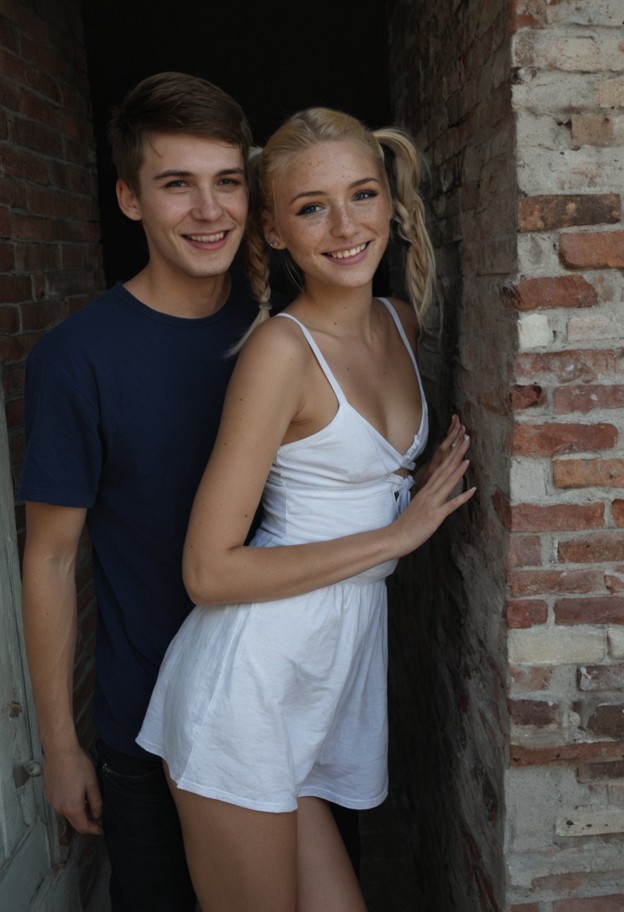 she is,standing against wall,pressed against guy,legs together,white cotton sundress,brick building doorway,alleyway,…