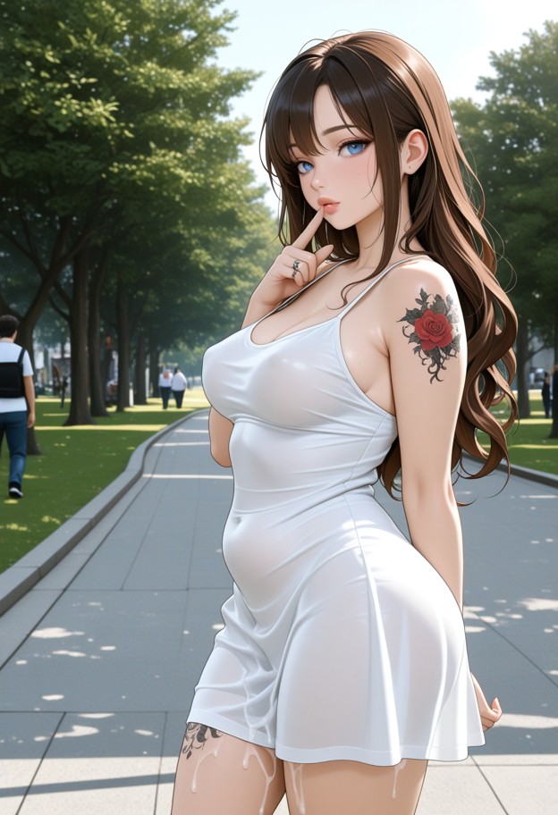 1girl,anime hentai style,slutwife,long brown hair,small breasts,summer dress,walking in park with cuckold husband,und…