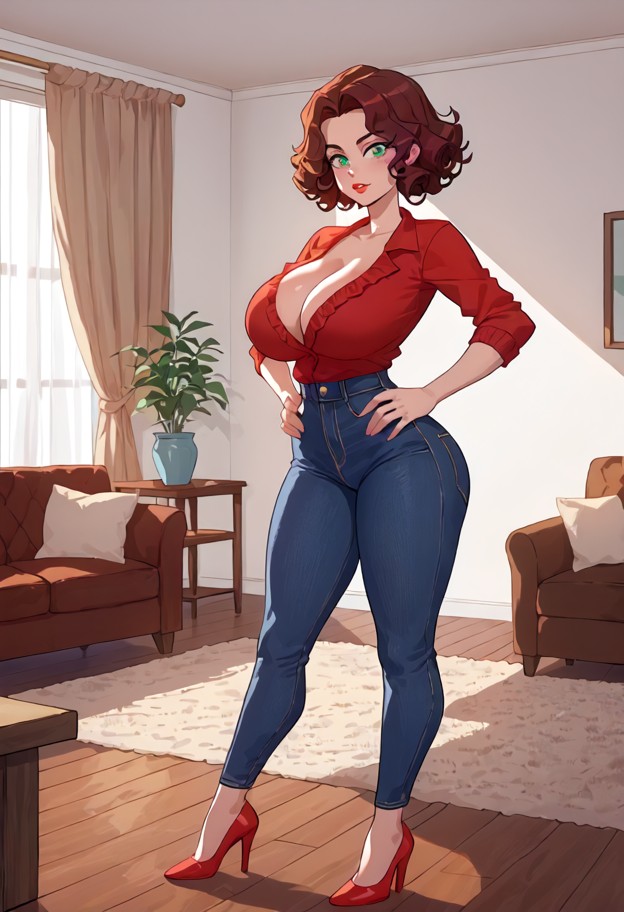 1girl standing,red blouse,braless breasts,black jeans,red high heels,hands on hips,chest heaving,frontal view,soft li…
